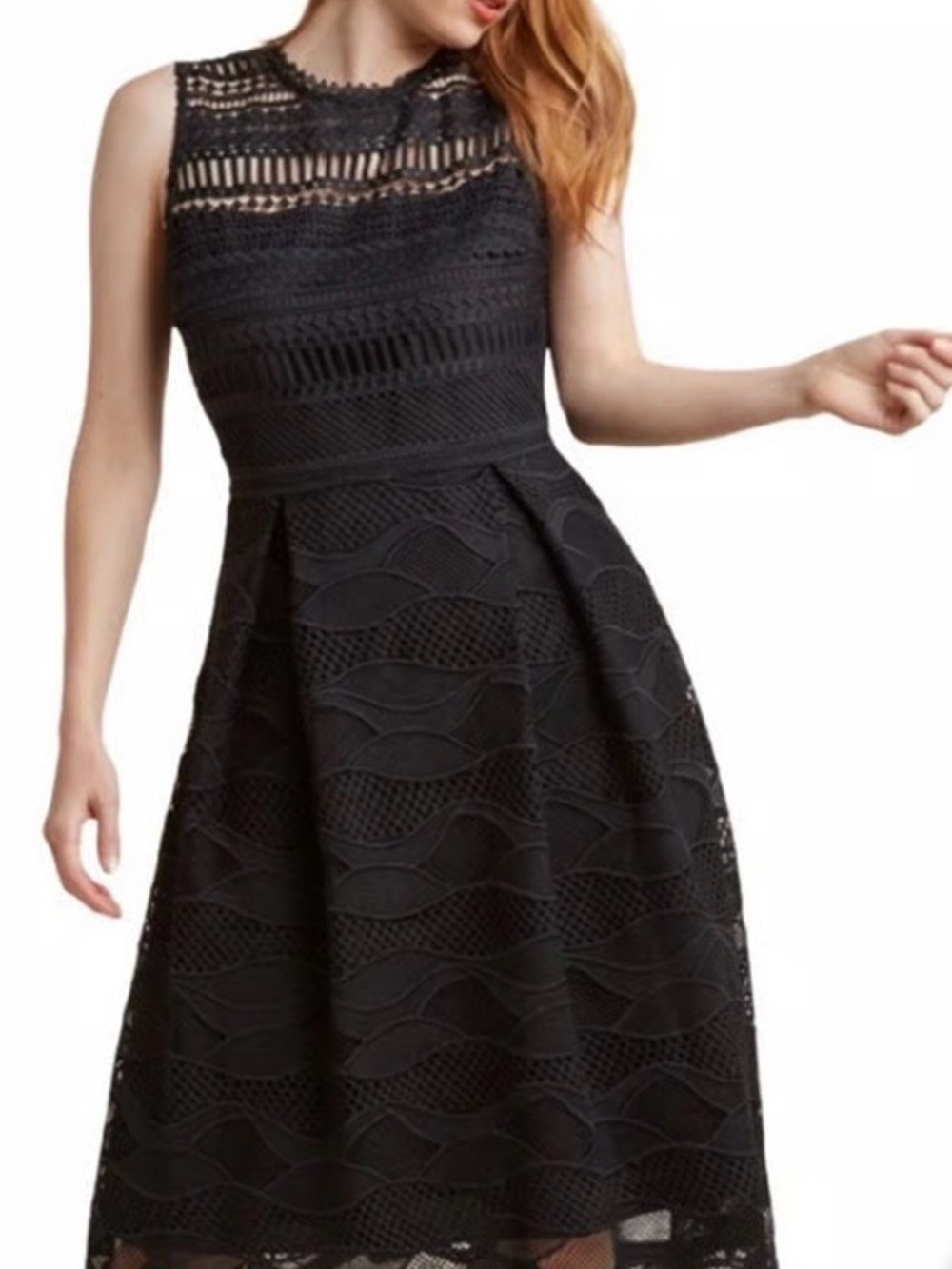 Sleeveless Black Lace Midi Dress with Scalloped Details